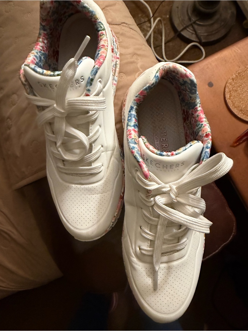 Skechers White Athletic Sneakers with Floral Lining